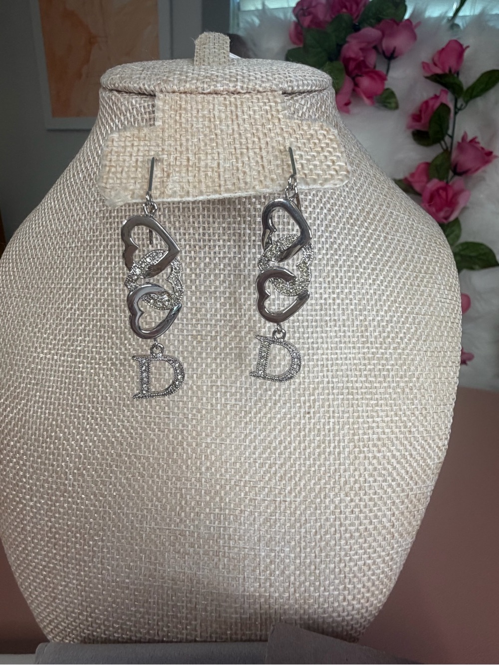 Christian Dior Vintage Silver Tone Interlocking Heart D Charm Drop Earrings Box
